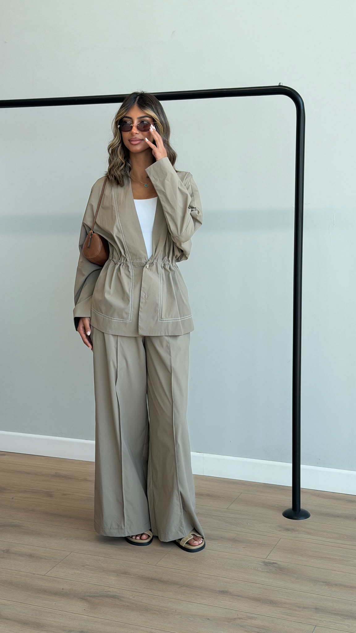 Drawstring Waist Jacket & Wide-Leg Pants Set