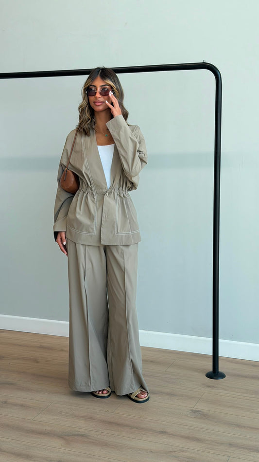 Drawstring Waist Jacket & Wide-Leg Pants Set